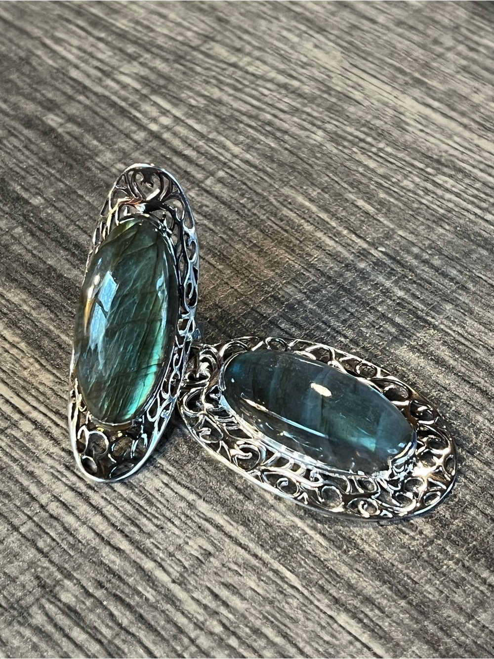Sterling Silver Green Labradorite Oval Pendant and Ring Set. Sz 6 3/4-7 - Picture 2 of 9